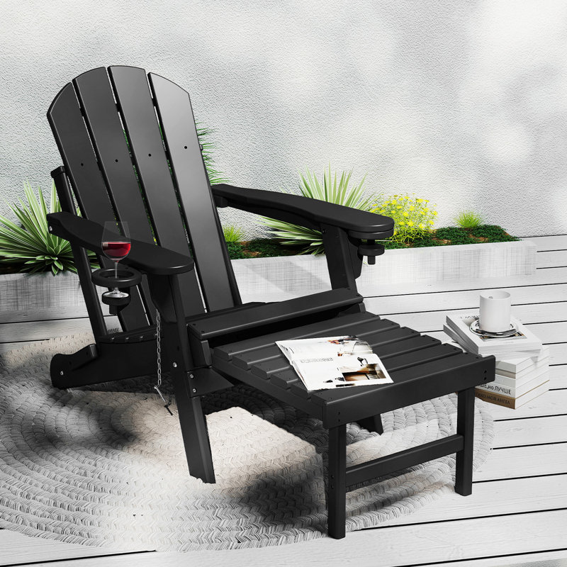 Hdpe Folding Adirondack Chair With Ottoman, Black