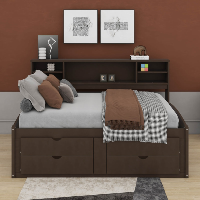 Lit de jour double avec 2 armoires, tablettes et tiroirs, Brun antique
