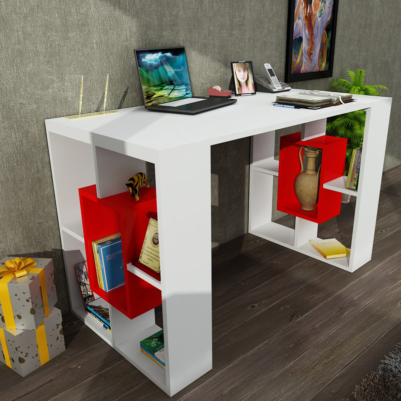 2 Tier Modern Desk, White/Red