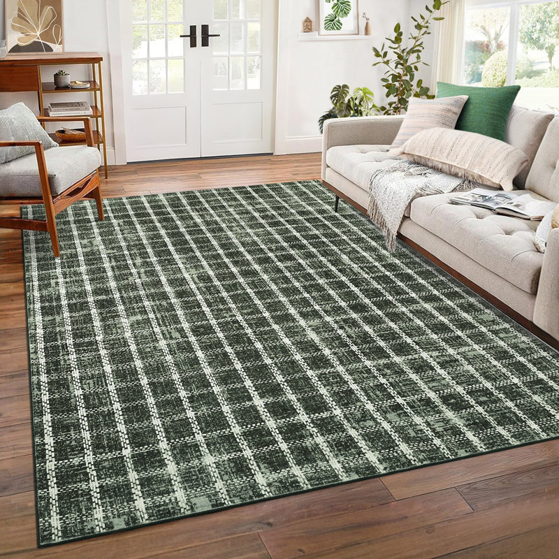 Machine Washable Rug Modern Plaid Rug Soft Area Rug Non Slip Soft Thin Rug Low Pile Foldable Rug for Living Room, Bedroom, Dining Room