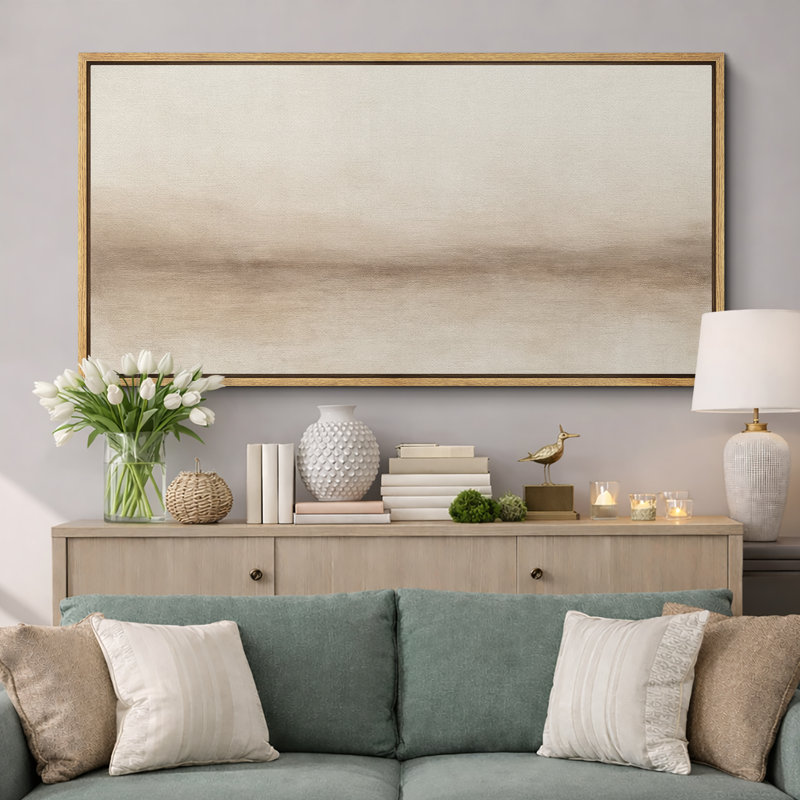 Large Framed Canvas Print Wall Art - Beige Abstract Landscape Print for Modern Neutral Home Decor, 30" H x 60" W, Natural
