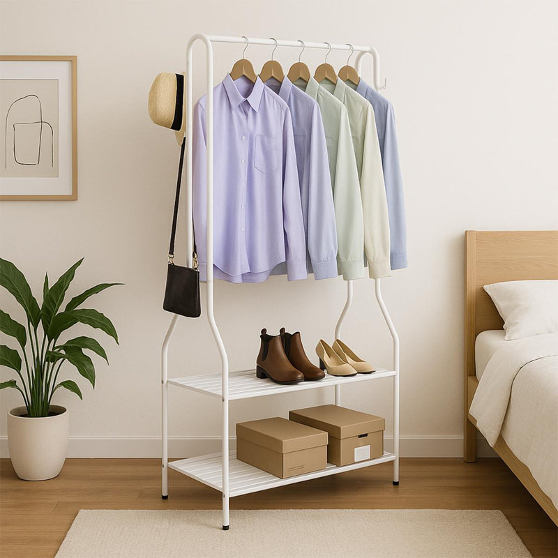 Aravind Clothes Rack Steel Clothing Rail With Two Shelves Hanging Hooks 5ft Height, White