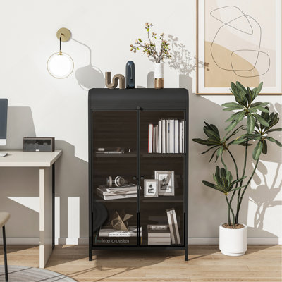 Armoire de rangement en métal de 47,6 po de hauteur avec portes en verre et plateau rabattable, armoire de présentation à 4 niveaux avec tablettes ouvertes, buffet en acier autoportant pour la cuisine, le salon, le bureau personnel, la salle à manger et la salle de bain