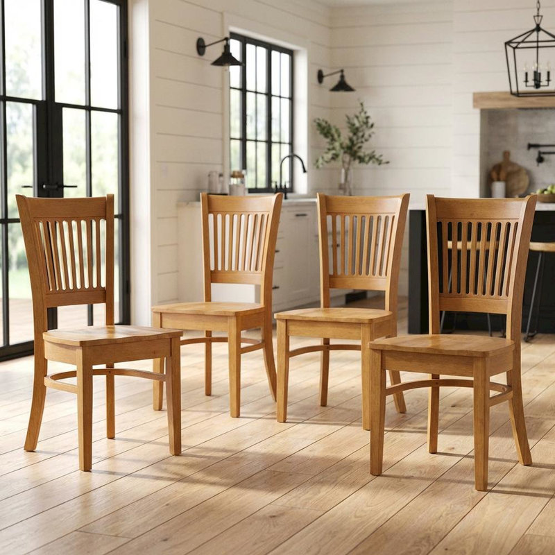 Wood Seat Kitchen Dining Chairs In Oak Finish, Set Of 4, Solid Wood Construction, Traditional Style, Comfortable Seating, Residential Use