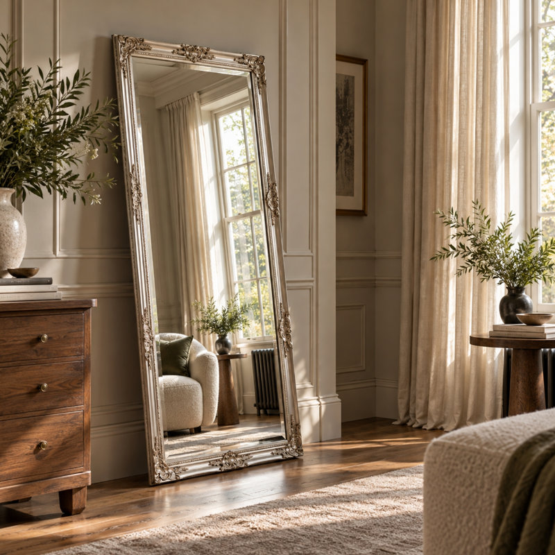 Madeleine Carved Classic Accent Mirror, 74cm W x 163cm W, Silver