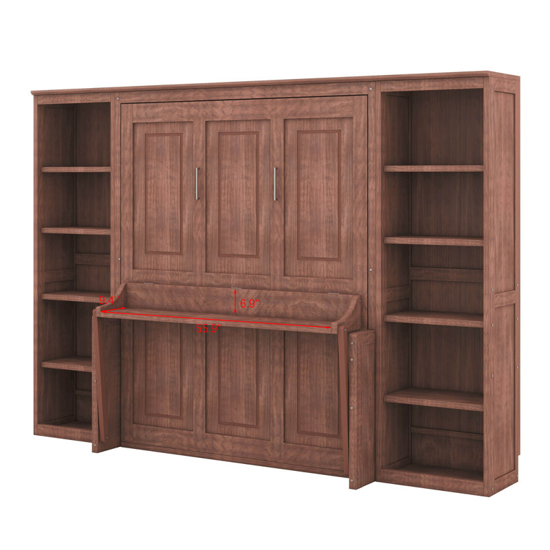 Lit escamotable double avec bureau et bibliothèque, lit plateforme pliable avec plusieurs supports de rangement pour la chambre d'amis