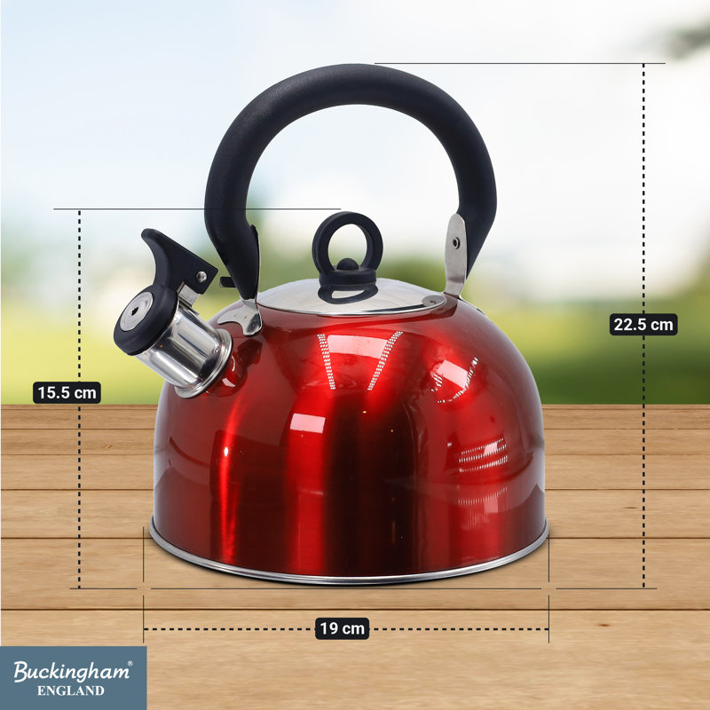 Buckingham Camping Whistling Kettle Stainless Steel with Heat-Resistant Handle 2.5 Litres, Red