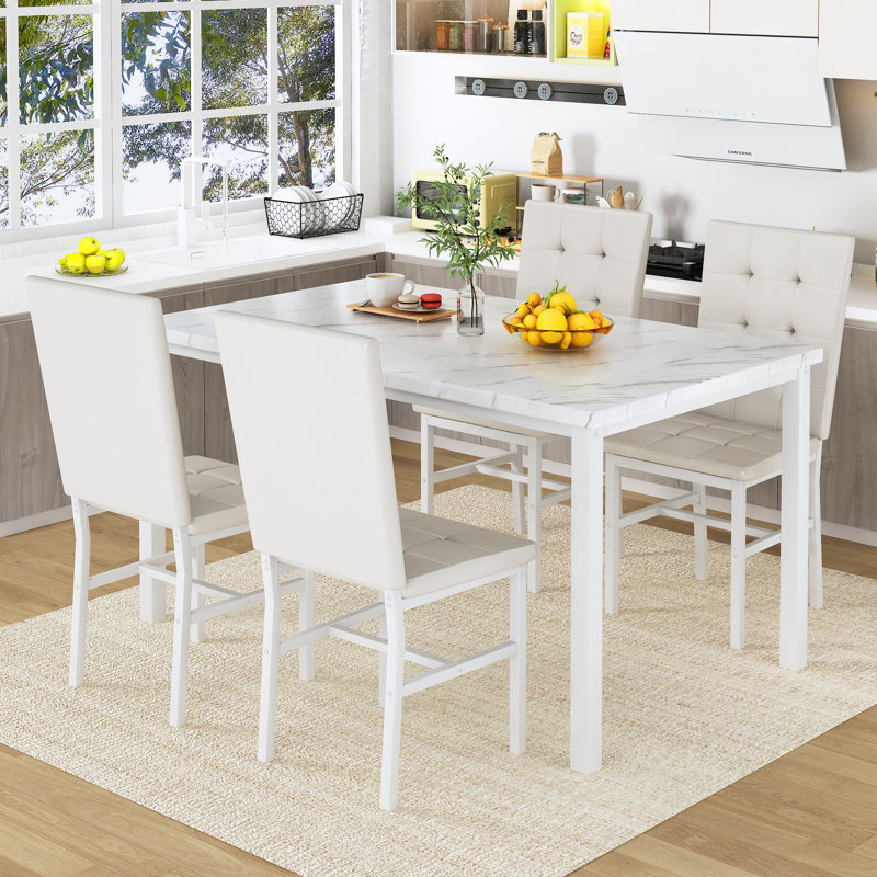 Ensemble de table de salle à manger moderne pour 4 personnes, Blanc, Blanc
