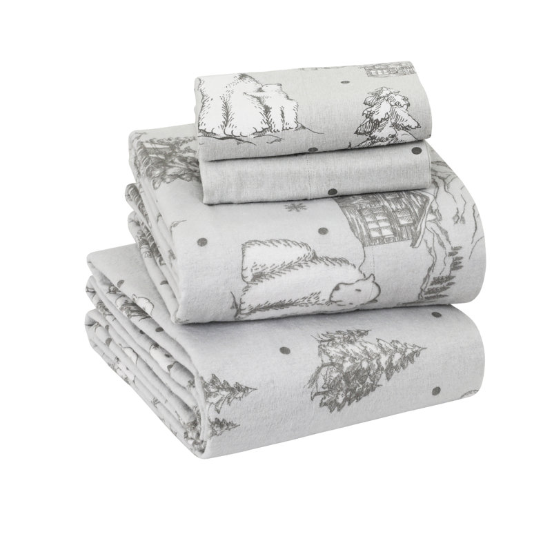 Gray Cotton Flannel King Sheet Set with Polar Bear Print