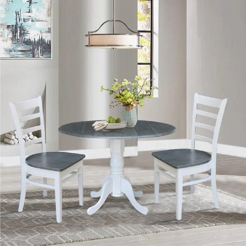  Hinerk - 2 Person Solid Wood Dual Dropleaf Dining Set, White/Heather Grey