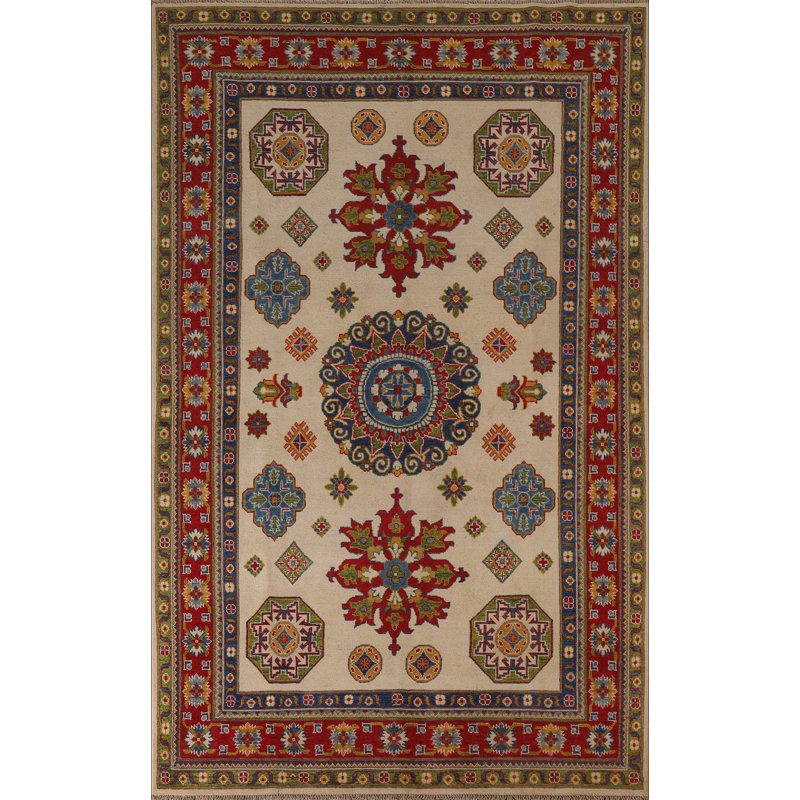 Tapis unique en laine noué à la main 6 pi x 8 pi 10 po nouvel âge ivoire / rouge / bleu