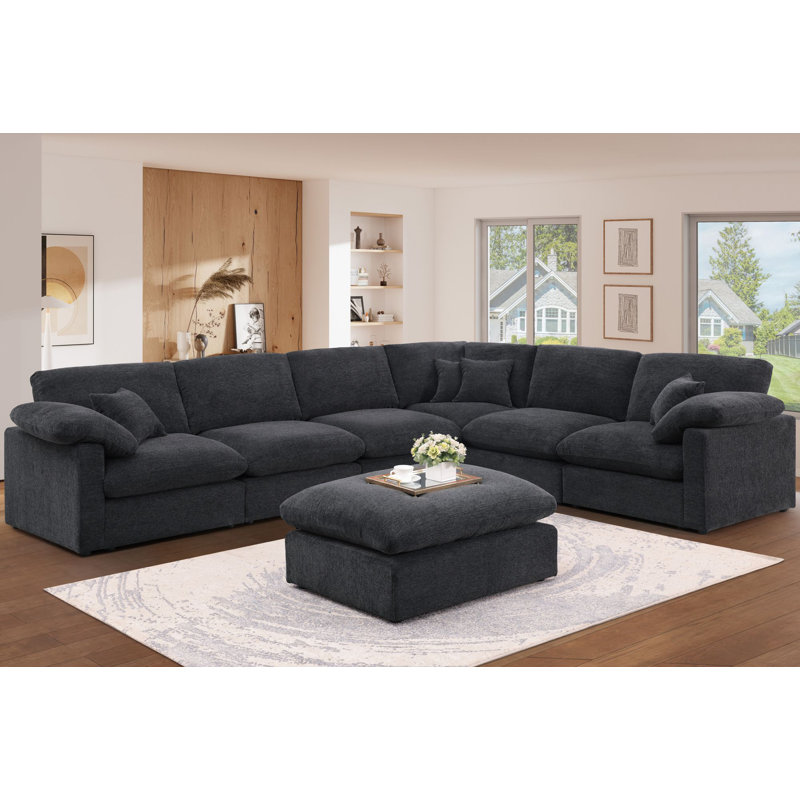 Reversible 7-Piece Corner Sectional Couch, Chenille Cloud Sofa With Removable Ottoman, Gray Chenille