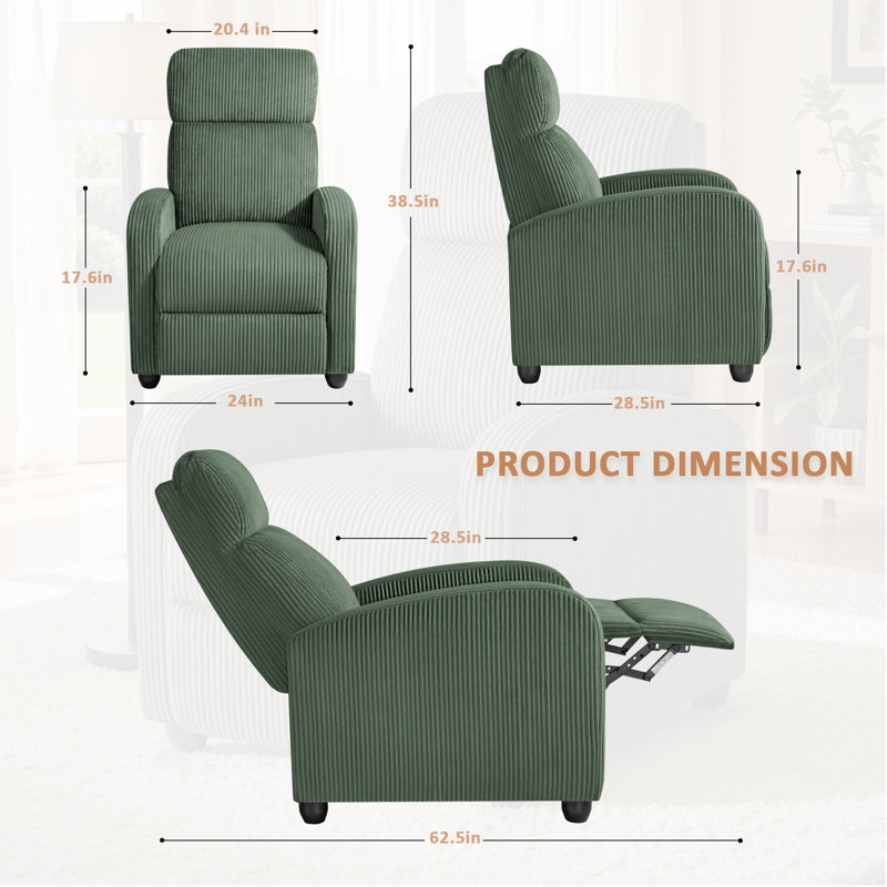 Manual Recliner, Comfortable Corduroy Recliner with Upholstered Back and Seat Cushion, Green