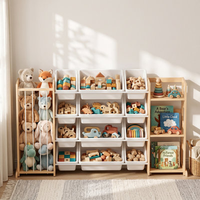 Rangement 3 en 1 pour jouets avec rangement pour peluches, étagère et 12 bacs, en bois naturel, idéal pour la chambre d'enfant, la salle de jeux ou la crèche.