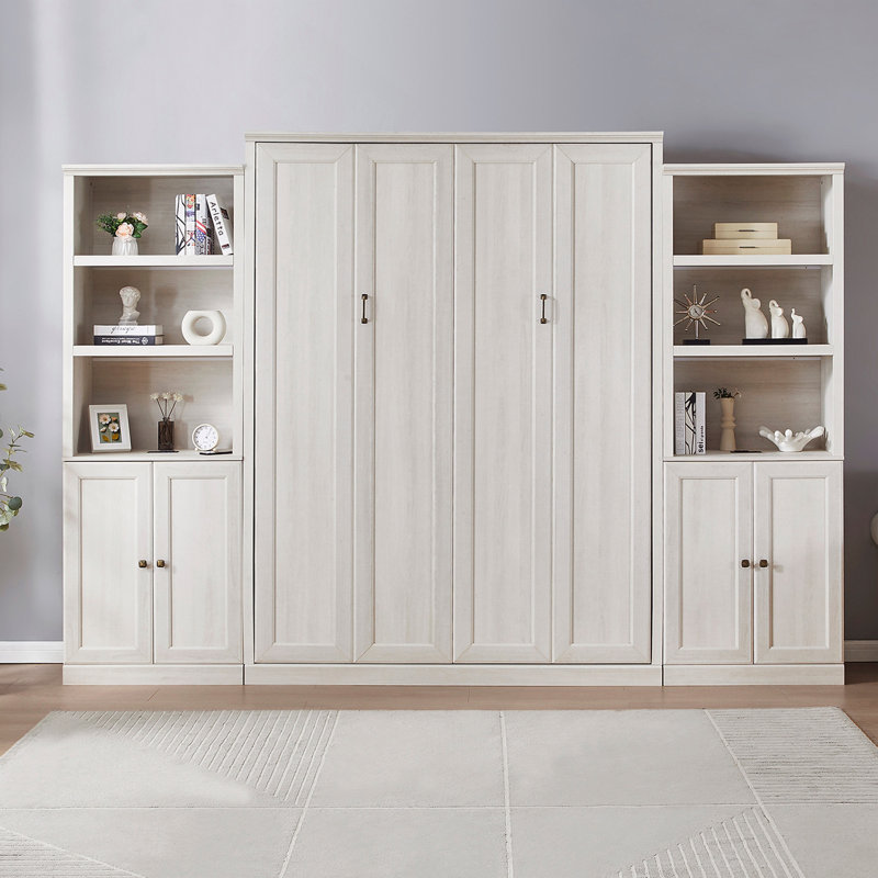 Grand lit escamotable semi-fermé et ouvert pour grand lit avec 2 tablettes de rangement latérales pour armoire, lit peu encombrant pour armoire, parfait pour chambre d'amis, chambre à coucher, chambre d'amis, bureau personnel, blanc rustique