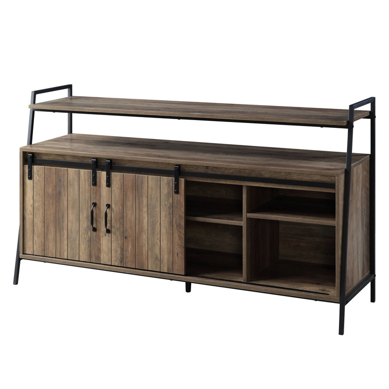 Meuble télé moderne avec porte de grange coulissante pour téléviseur de 58 pouces en chêne et noir