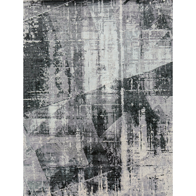 Tapis noir et gris anthracite noué à la main de haute qualité, Rectangle 9 pi 1 po x 11 pi 10 po