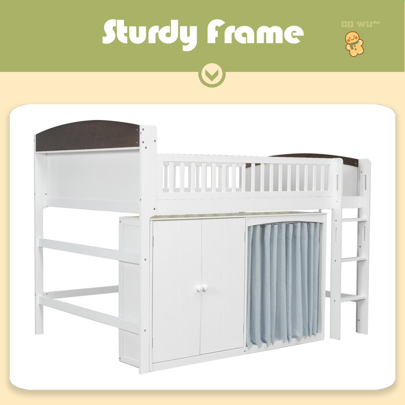 Lit mezzanine double avec armoire de rangement, garde-robe et DEL, White