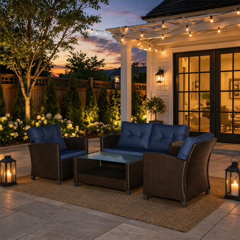 Ensemble de canapé modulaire d'extérieur en osier durable 4 pièces avec coussins et table basse en verre trempé pour patio et jardin