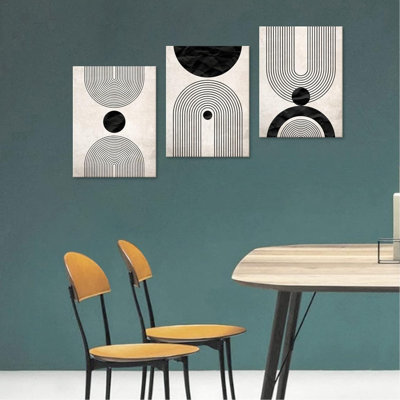 Art mural, ensemble de toiles de style Mid-Century bohème moderne abstrait géométrique, décoration murale, minimaliste, noir, beige, bohème, peinture sur toile, œuvre pour salon, chambre, bureau, 12 po x 16 po x 3