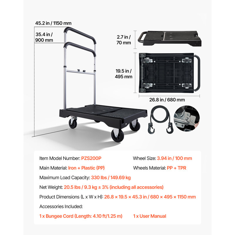 Foldable Push Cart Dolly, 330 lbs Capacity, 26.8 x 19.5 x 4.5 in, Folding Platform Truck with Swivel Wheels, Moving Platform Hand Truck Flatbed Cart, Adjustable Push Handle, Designed for Easy Storage