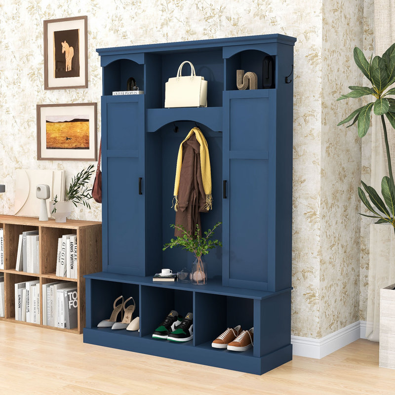 Sophisticated Wood Hall Tree with Hooks, Elegant Arch Details and Adjustable Shelves, Blue