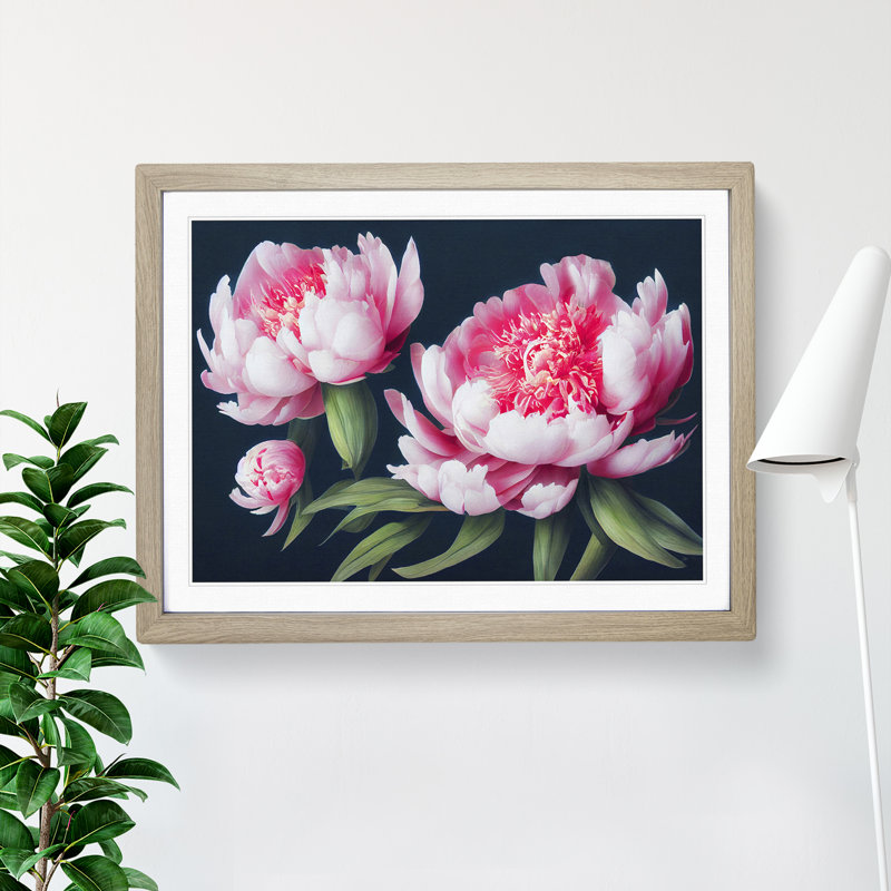 XH1022-7589X Royal Peonies - Single Picture Frame Painting, 46cm H x 64cm W x 2cm D, Oak 