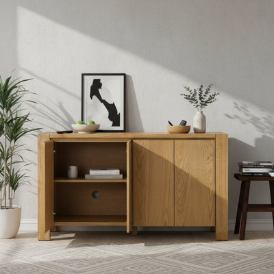 Vintage-Style 4-Door Wooden Sideboard In Natural Wood Color With An Distressed Finish. Large Capacity With Adjustable Shelves. Suitable For Dining Room, Kitchen, And Living Room.