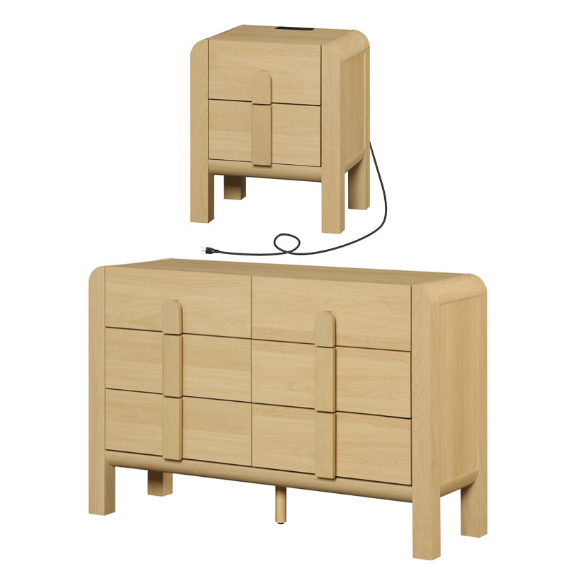 Ensemble de commode et de table de chevet Mid-Century à 6 tiroirs pour la chambre à coucher, ensemble de chambre à coucher 2 pièces, commode double avec profil incurvé, ensemble de commode en bois