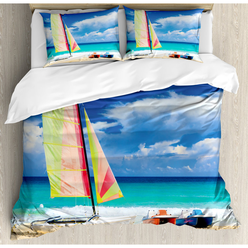 Queen Size Coastal Beach Print Microfiber Duvet Cover Set