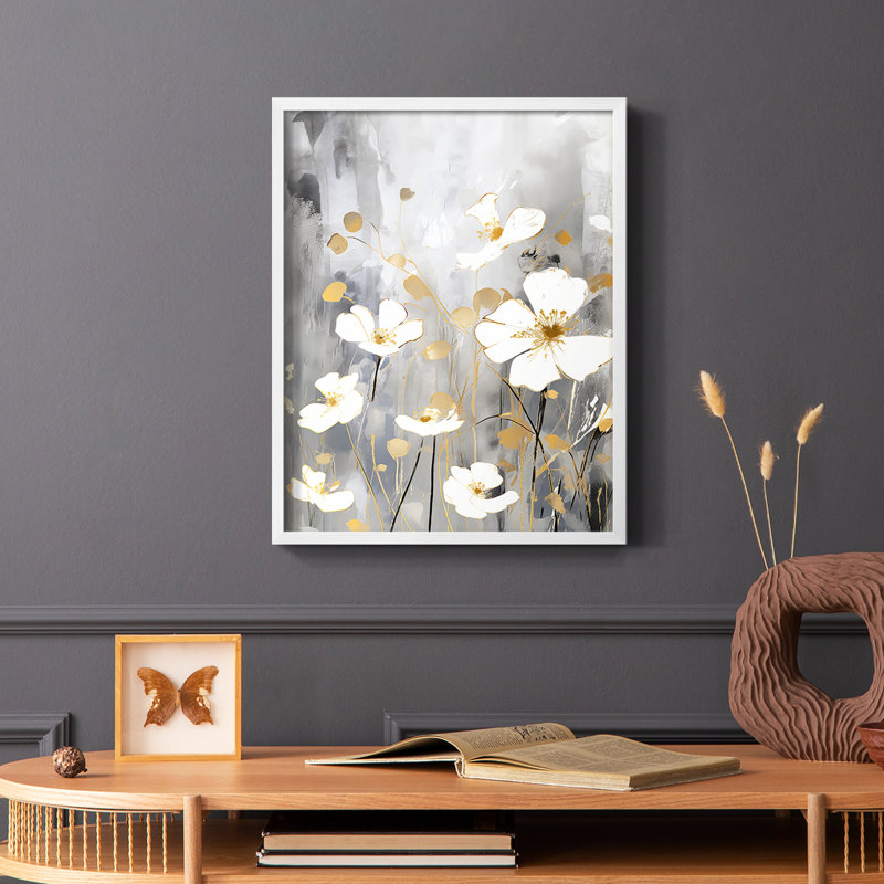 FLORAL Series CDVII - reproduction encadrée de qualité supérieure - prête à être accrochée - aucun clou requis, Blanc / Blanc