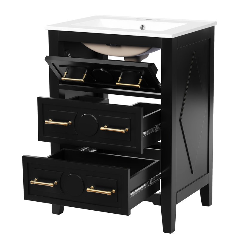 Meuble-lavabo de 24 pouces avec lavabo en céramique, 3 tiroirs, structure en bois massif, design rétro, meuble-lavabo simple à tiroir de 24 po et finition noire, trous de robinet pré-percés