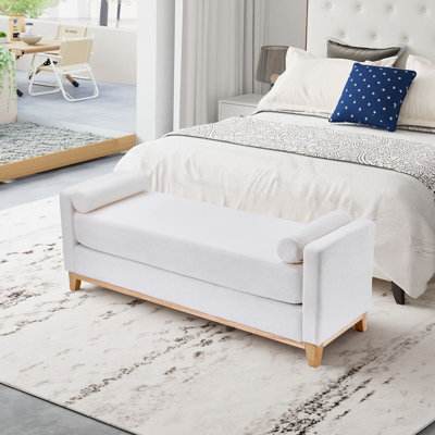 Banc moderne rembourré de 66 po avec coussins à double extrémité en tissu de style peau de mouton recouvert de pieds en bois massif Le banc multifonctionnel sert de repose-pieds / canapé-lit, idéal pour le salon / la chambre / le vestibule