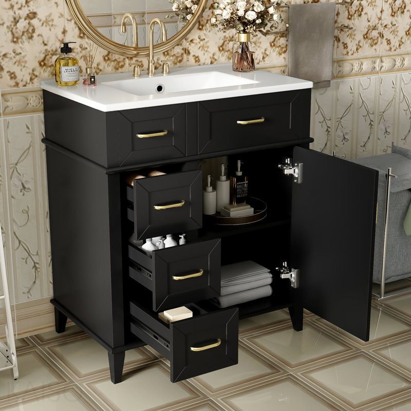 Meuble-lavabo de 30 pouces avec lavabo en céramique, tablette réglable, porte à fermeture en douceur et trois tiroirs à fermeture en douceur