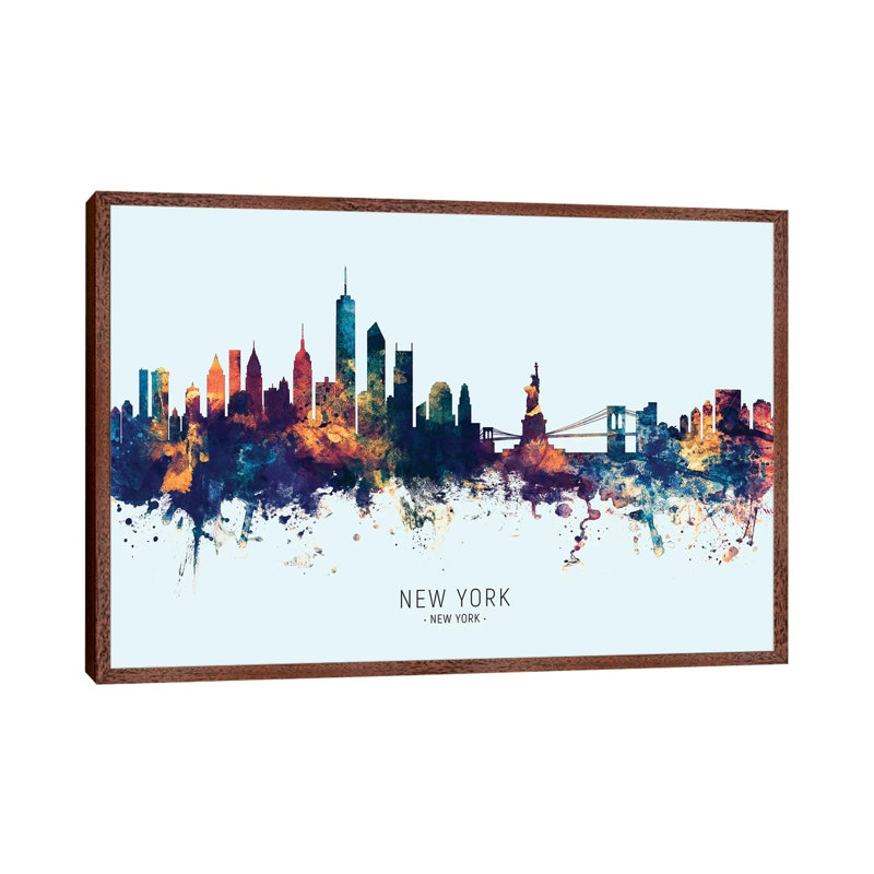 New York Skyline Blue Orange by Michael Tompsett - Print on Canvas, Classic Brown Wood Framed, 101.6 cm H x 66.04 cm W
