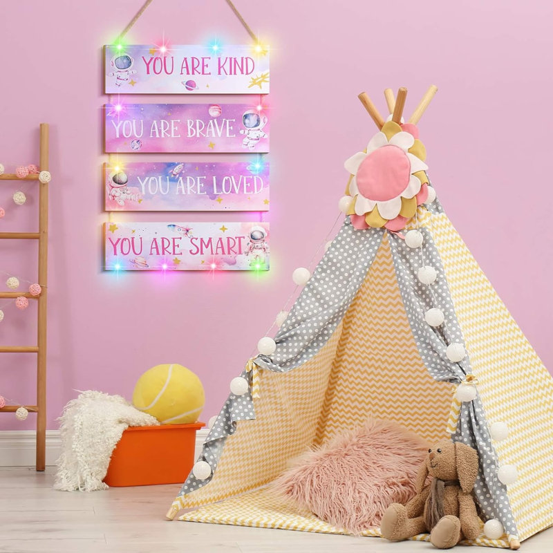 Pink Kids Space Wall Decor With Led Lights 4 Piece