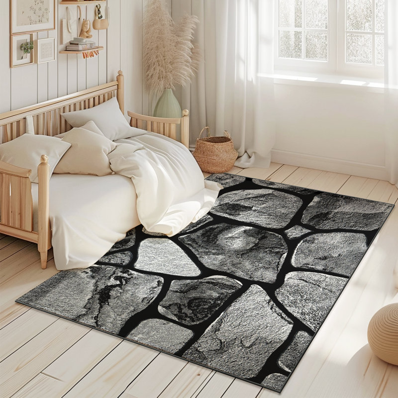 Tapis abstrait abstrait épais et sculpté à la main à motif géométrique moderne 80018 noir 5 x 7