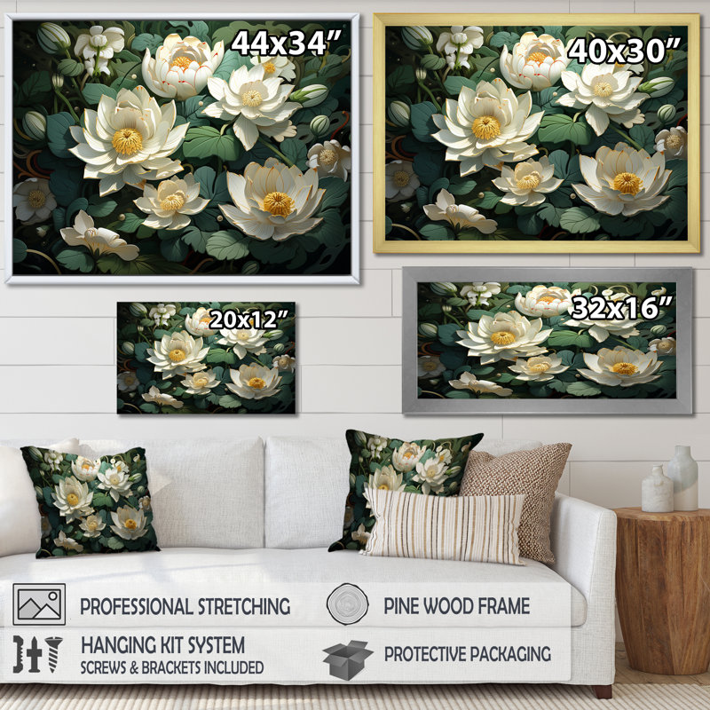 Fleurs de lotus méticuleusement rendues - reproduction sur toile, Cadre simple noir, H 12 po x l 20 po x P 1 po