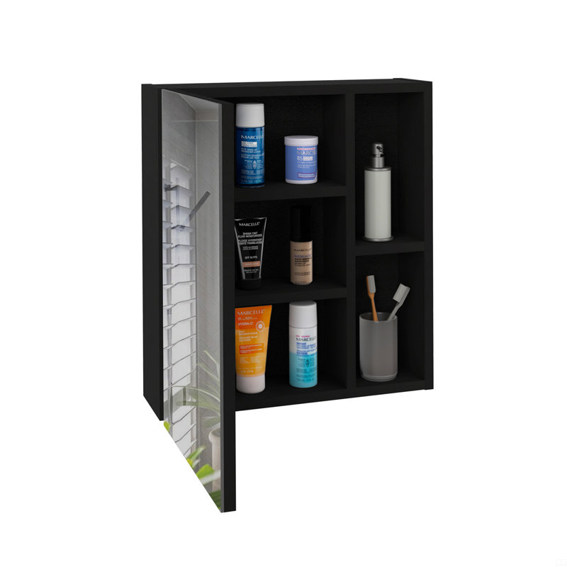 Pharmacie avec miroir, cinq tablettes internes, porte simple - pin, Noir