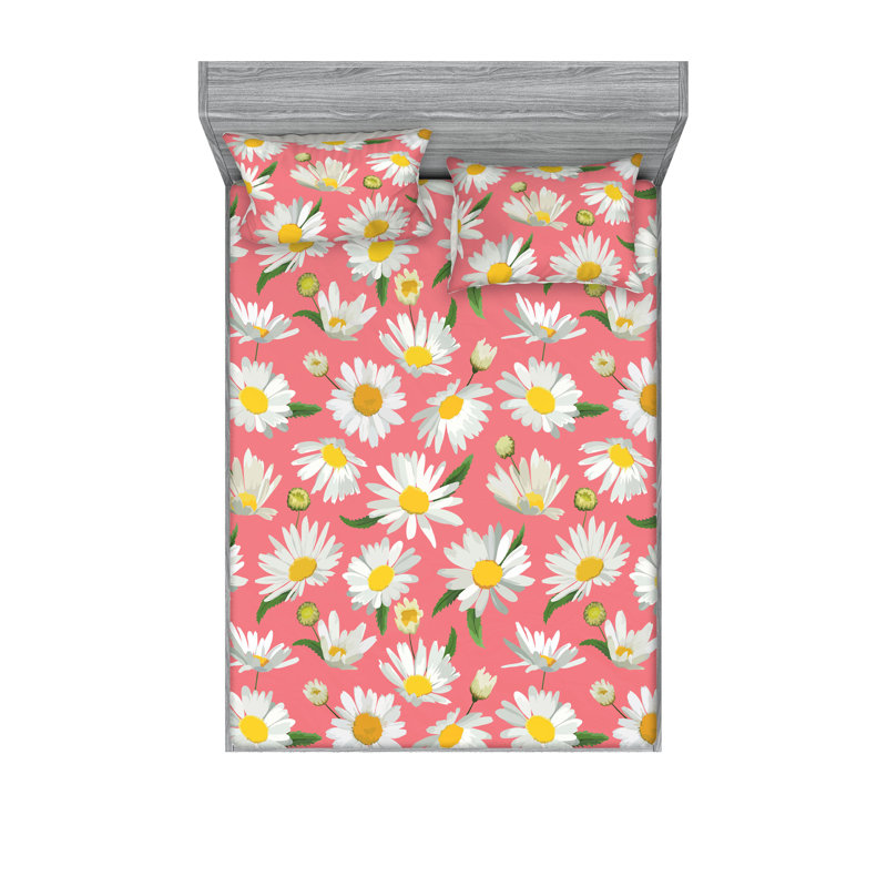 Drap-housse et taie décorative Ambesonne Camomille romantique blanc cassé moutarde et corail