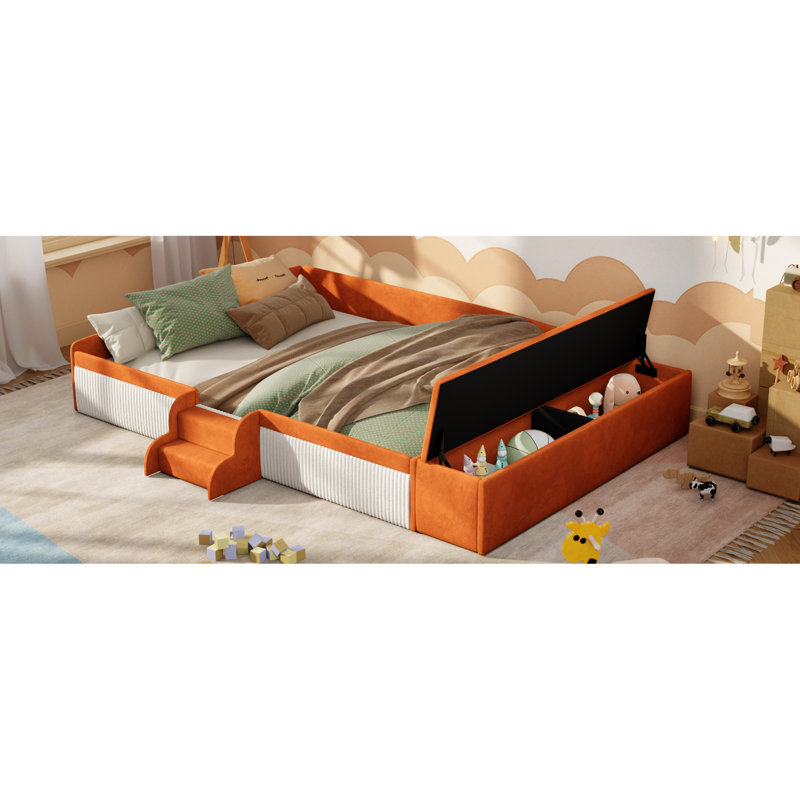 Grand lit de jour en velours avec escalier, rangement avec vérin à gaz, contraste de couleur brun + blanc et garde-corps rembourrés pour une chambre à coucher élégante avec revêtement en velours brun + blanc, moderne