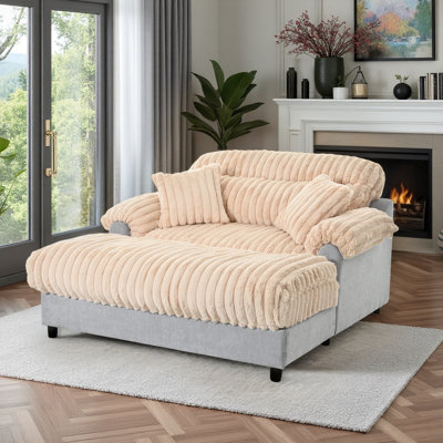 65" W Oversized Faux Fur Upholstered Chaise Lounge with 2 Throw Matching Pillow