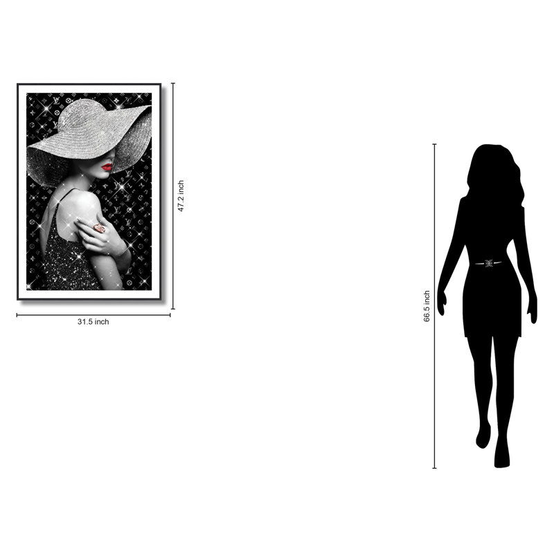 «Glamour Woman with Hat in Glitter Art», art mural - 32 po x 47 po - cadre noir