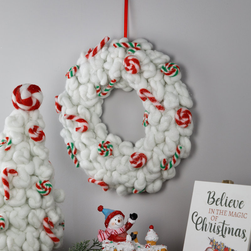 Plush Peppermint And Candy Canes Christmas Wreath Decoration - 13" - Unlit