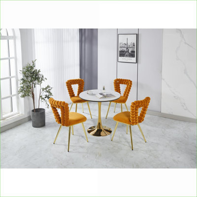 Ensemble de 2 chaises d'appoint oranges modernes, pieds tubulaires en fer doré, dossier en boule de poils doux et coussins, siège pour adulte pour le café du salon