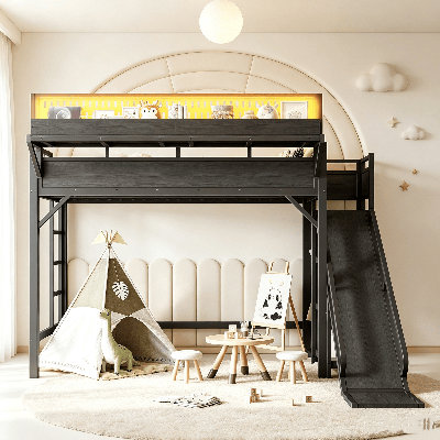 Lit mezzanine en métal, lit mezzanine avec glissade, tablettes de rangement et garde-robe intégrée, cadre de lit mezzanine haute plateforme avec ports USB et lumières DEL, lit mezzanine en métal robuste pour chambre d'enfant et salle de jeux