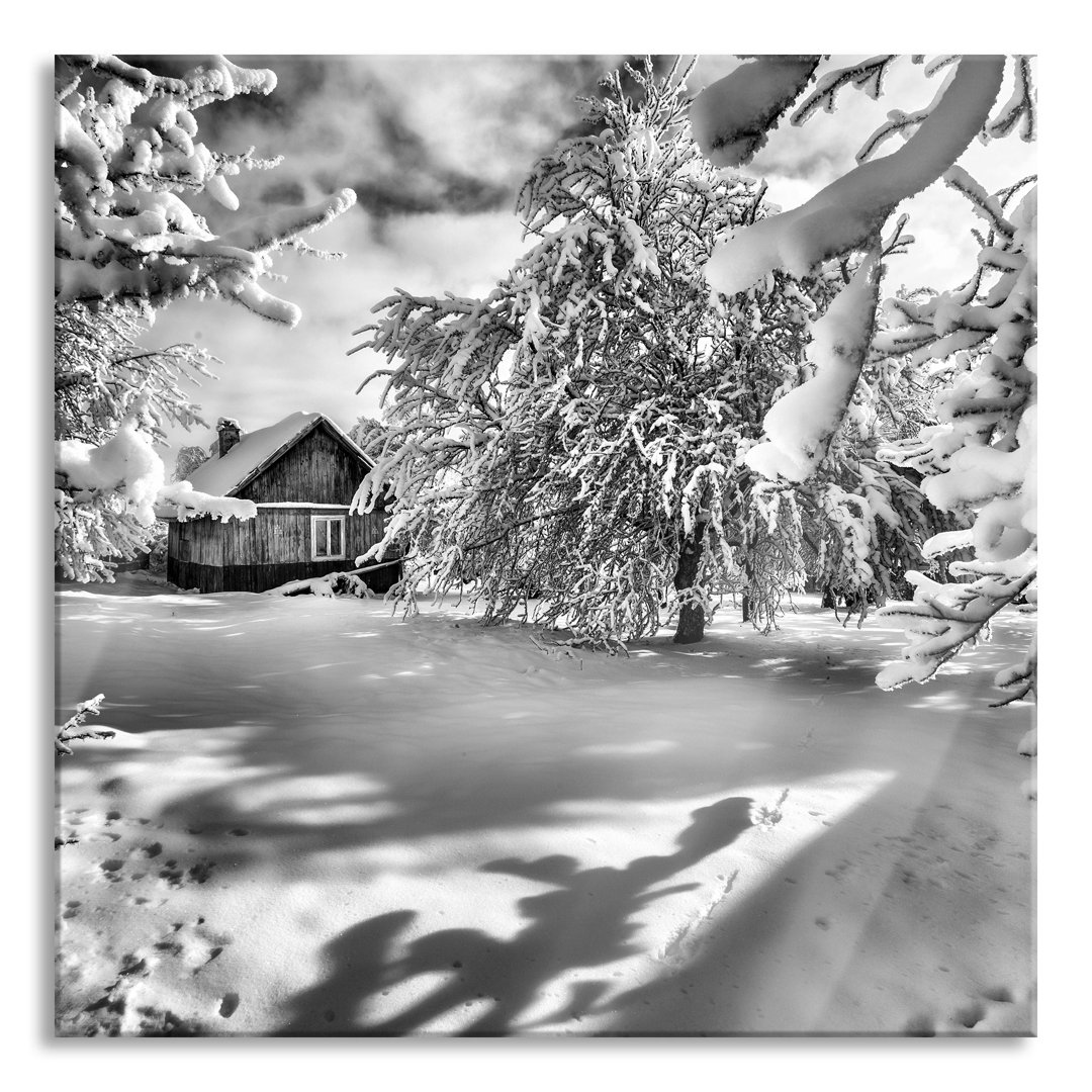 Glasbild Winterlandschaft mit Hütte