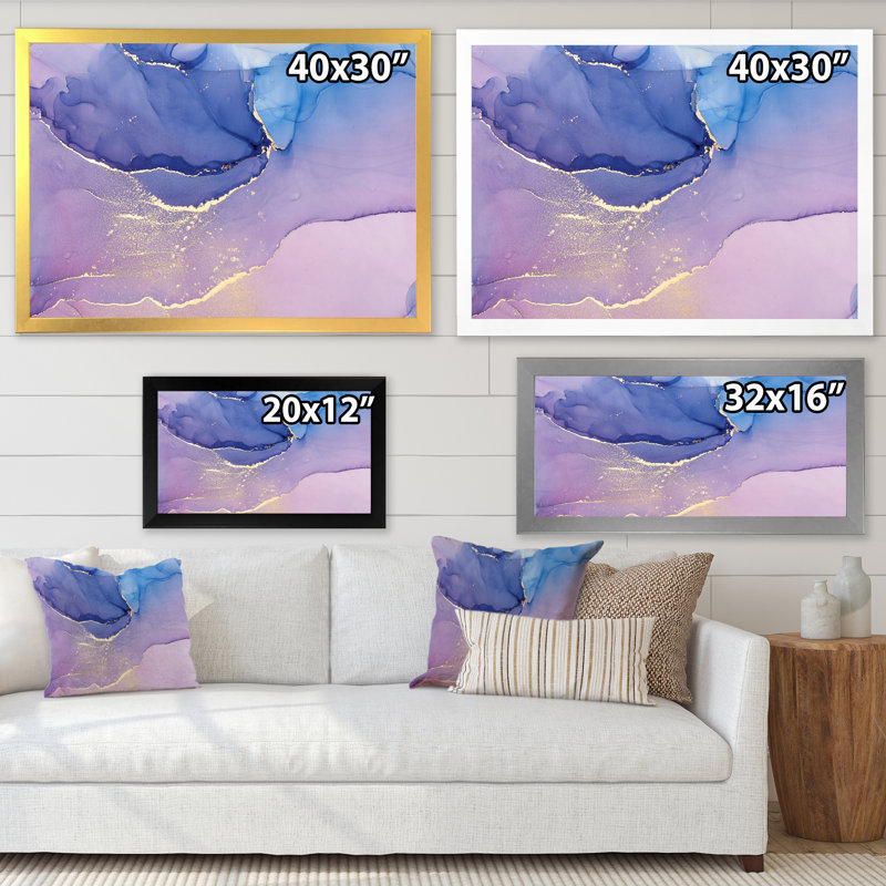 «Pink and Blue Ink Clouds III», peinture sur toile, H 30 po x l 40 po, Cadre doré