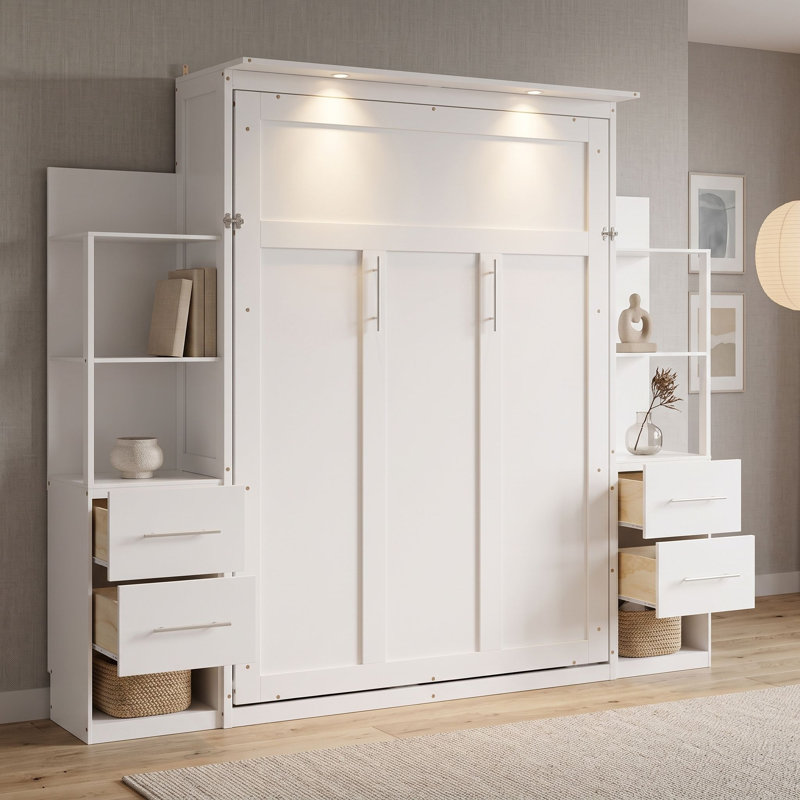 Lit escamotable 4 tiroirs avec tablettes et éclairage DEL, conception pliable peu encombrante, Full / Double, Blanc