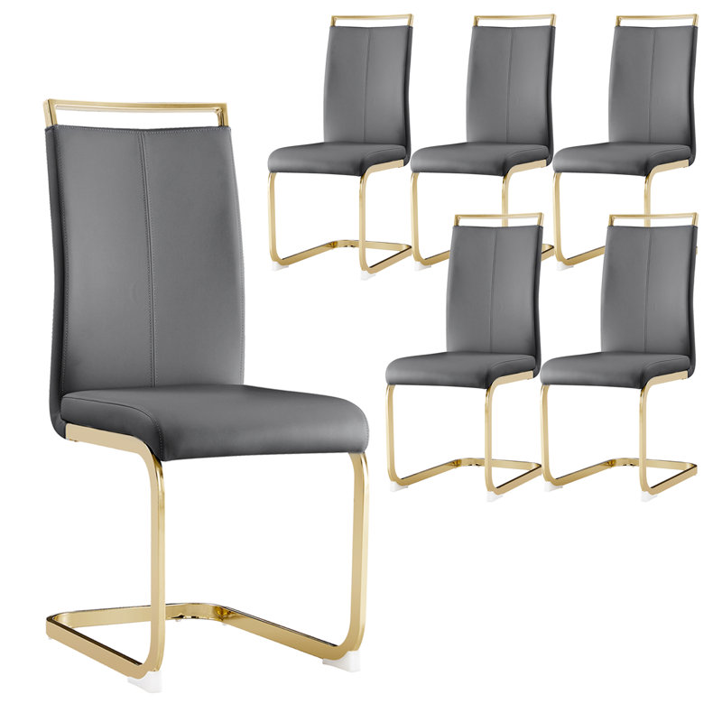 Amari Modern Faux Leather Cantilever Dining Chairs with Chrome Base, Drak Gray, Gold